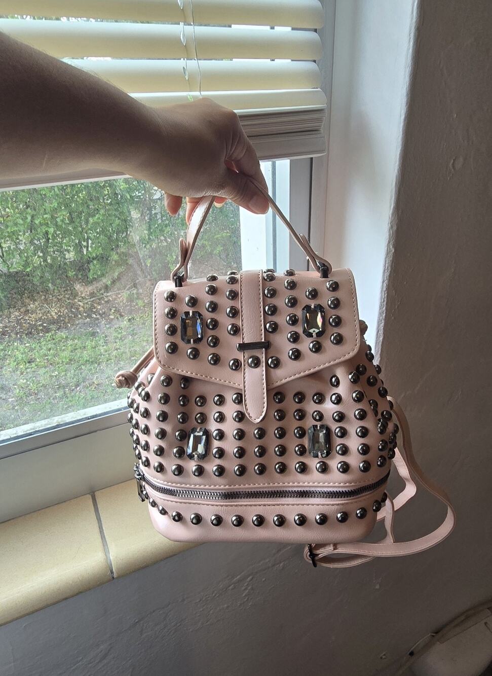 Pink Studded Rhinestone Backpack Purse Faux Leather Mini Backpack